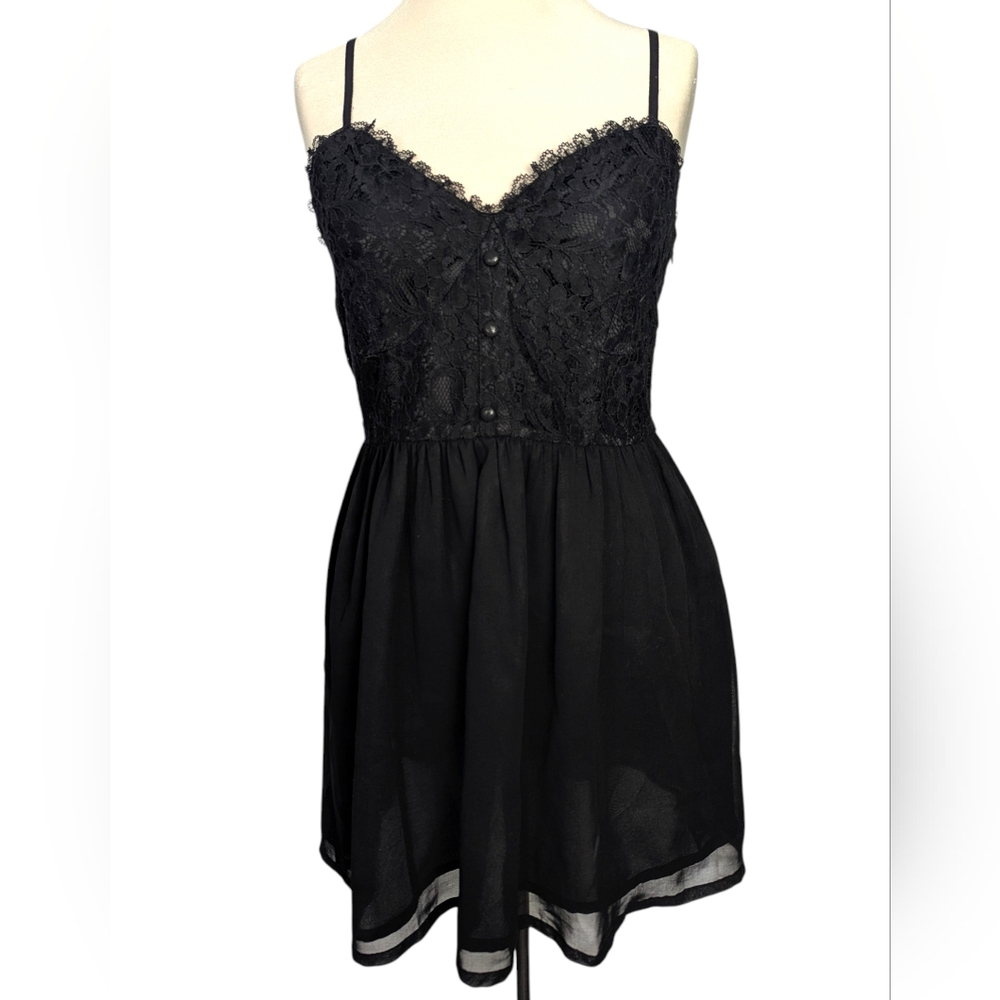 Black Lace Y2K Slip Dress With Side Zipper And Button Details